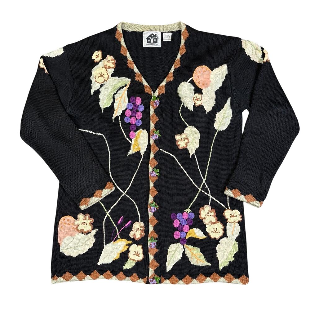 Vintage Storybook Knits Cardigan Sweater Women's Medium Black Grapes Leaves